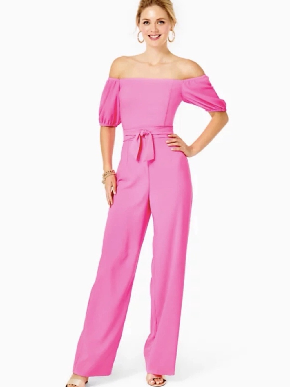 Lilly Pulitzer Hot Pink Off-Shoulder Wide-Leg Jumpsuit with Tie Waist
